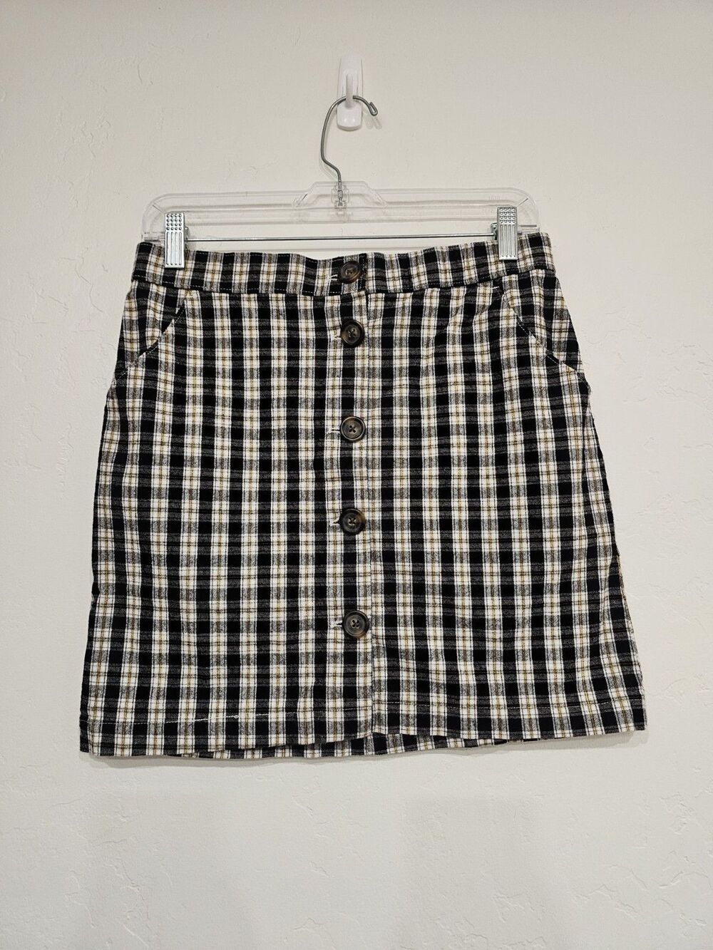Hollister Black White Yellow Plaid Front Button Skirt W/Pockets Size Medium